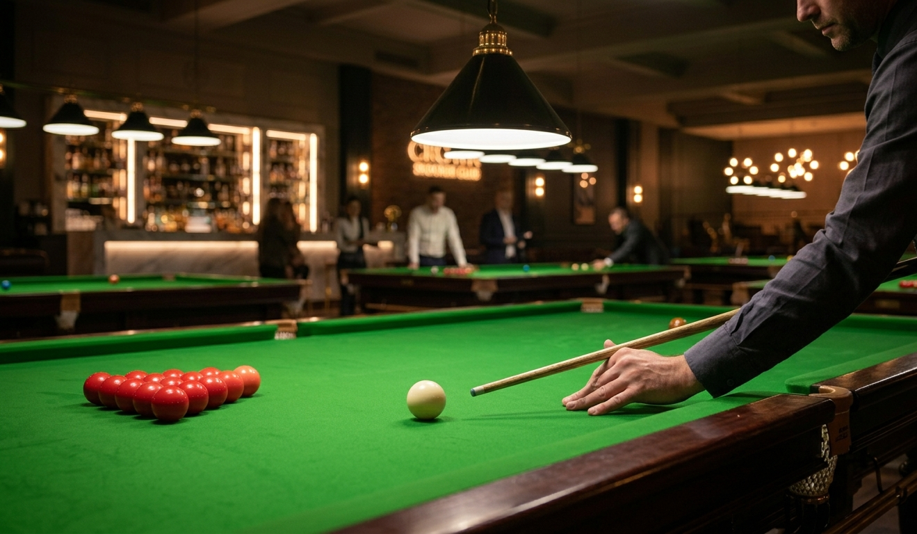 Snooker King members' break shot at the table — close-up cue strike on the rack inside a modern members' club