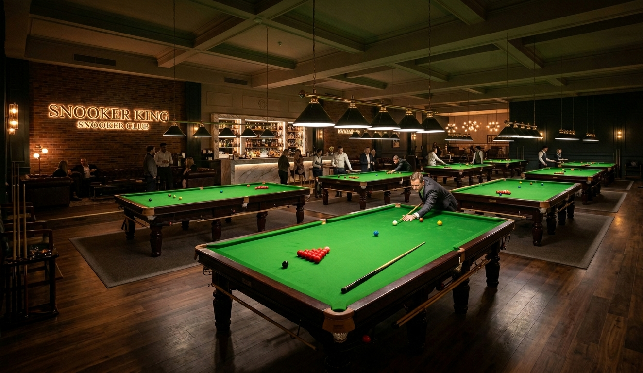 Snooker King branded members' venue floor with neon Snooker King signage and members playing across multiple tables