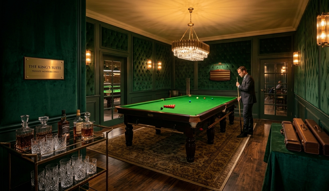 Snooker King private members' VIP snooker lounge with green velvet walls, crystal chandelier and decanter cart for premium hospitality