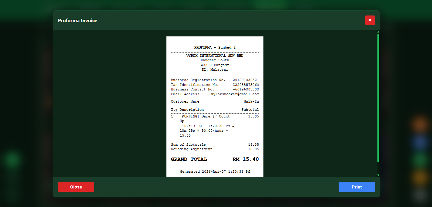 Snooker software advance booking proforma invoice