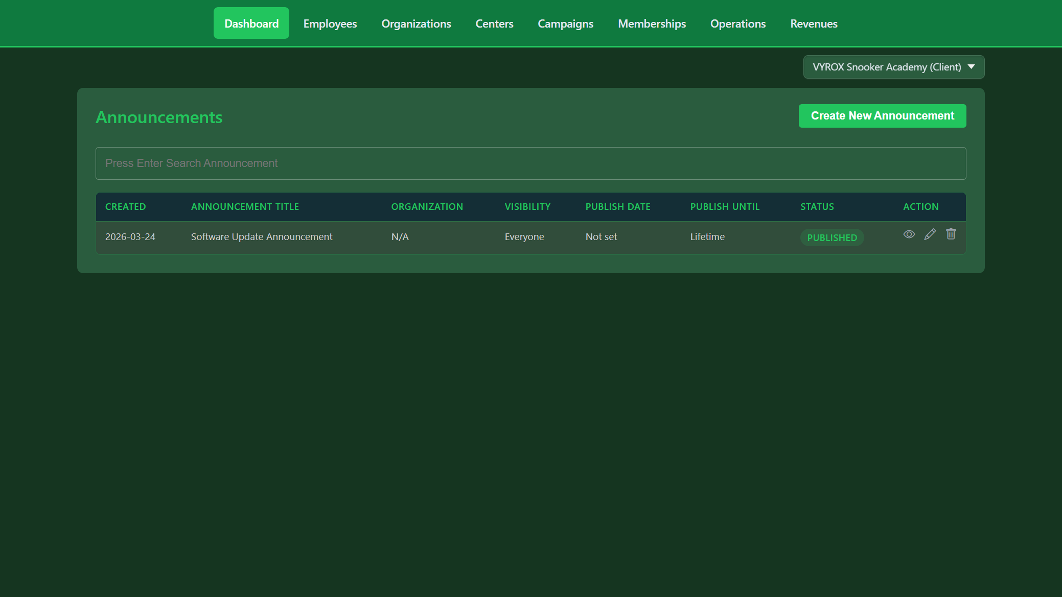 Snooker King lounge announcements — software updates, tournaments, and special nights pushed straight to members' phones