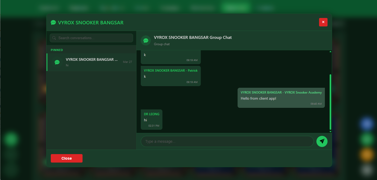 Snooker software group chat and real-time messaging
