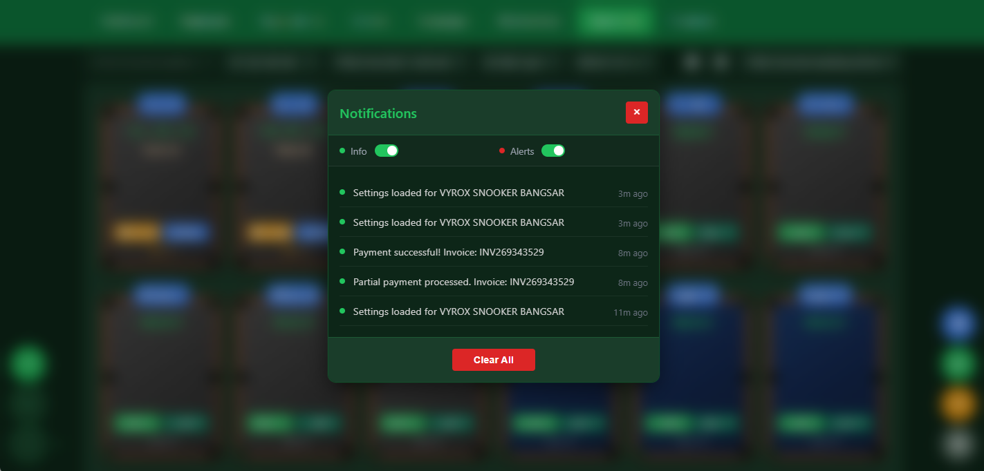 Snooker software push notification system