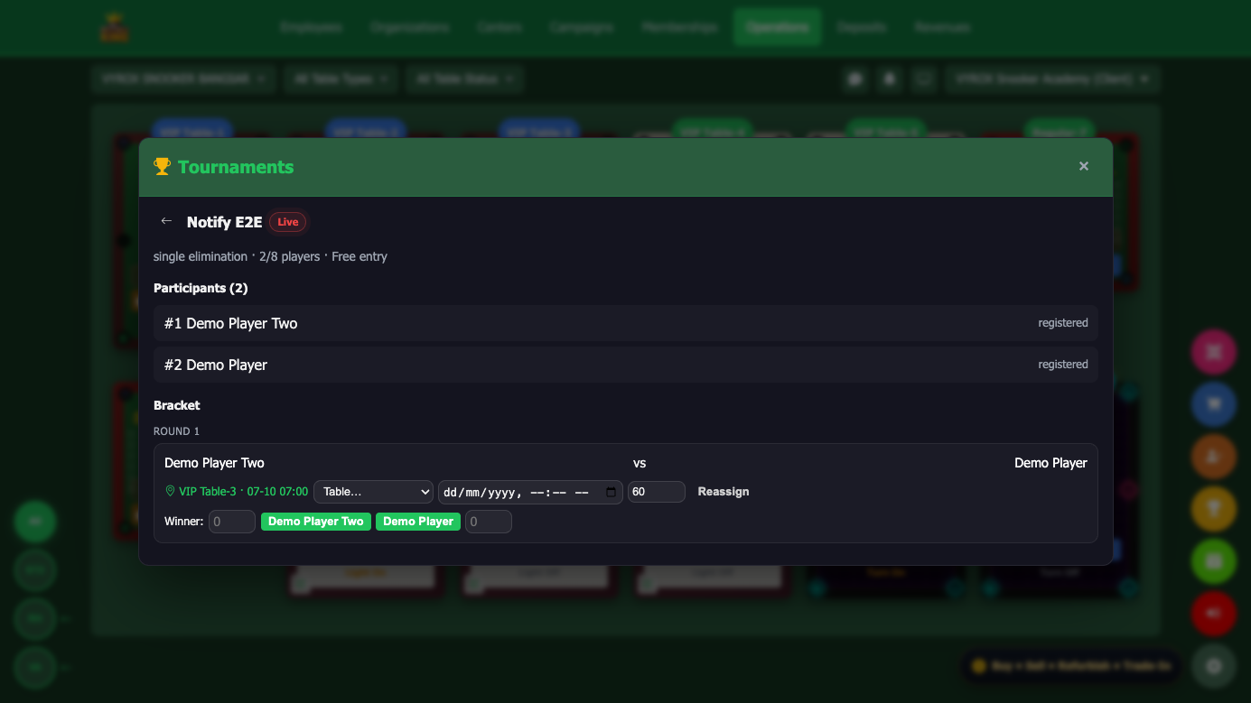 Snooker King live tournament bracket — follow your match, your table, and the scoreline in real time from your phone