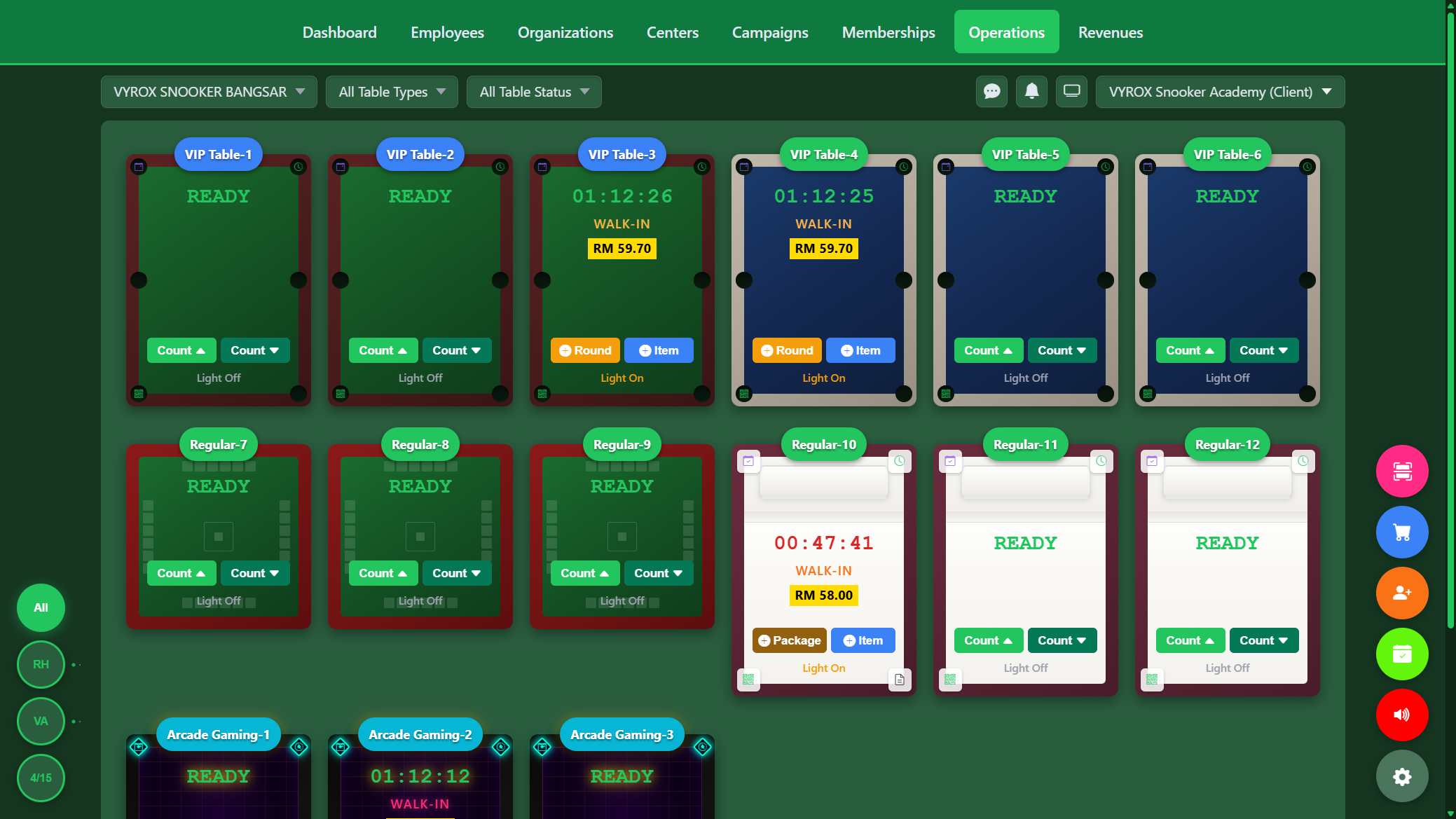 Snooker King lounge floor view — members see live table availability, walk-in welcome, and timer transparency at a glance