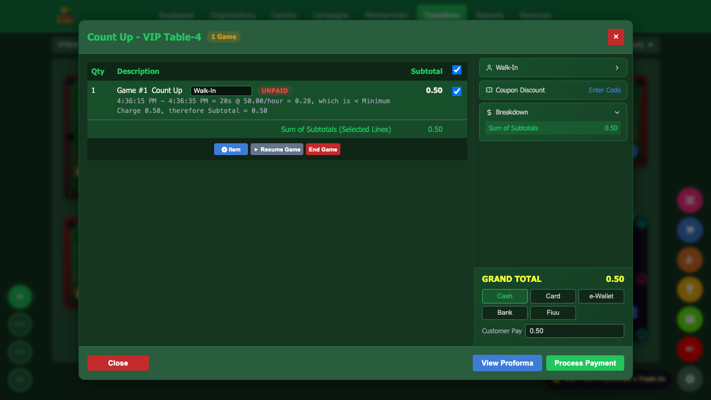 Snooker King pause your session — step away for a bite or a call, your table timer freezes, and your bill never double-charges when you're back