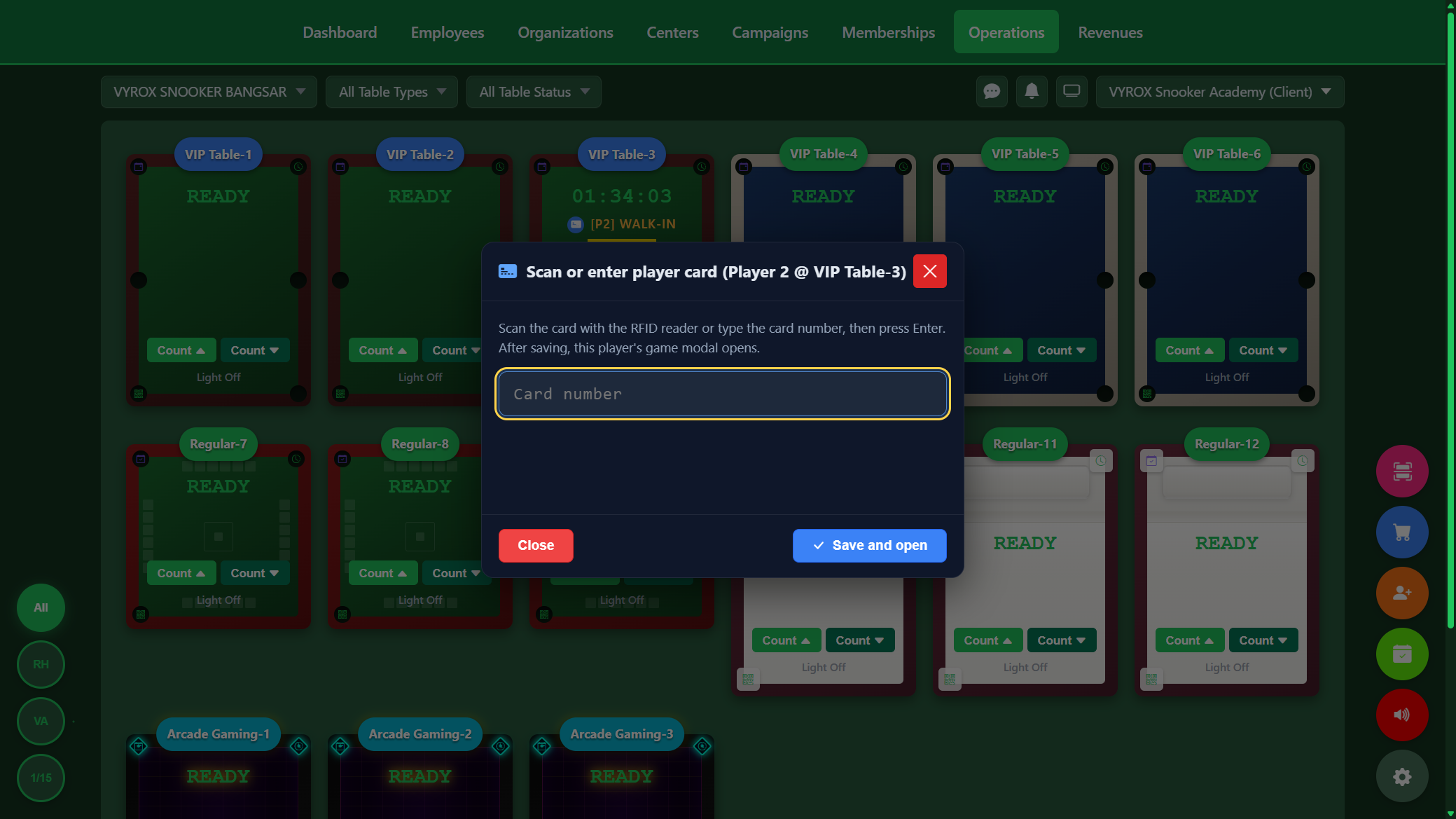 Snooker King flash your member card at the table — your host binds it to your seat in two seconds, every drink and round is recognised on your tab automatically