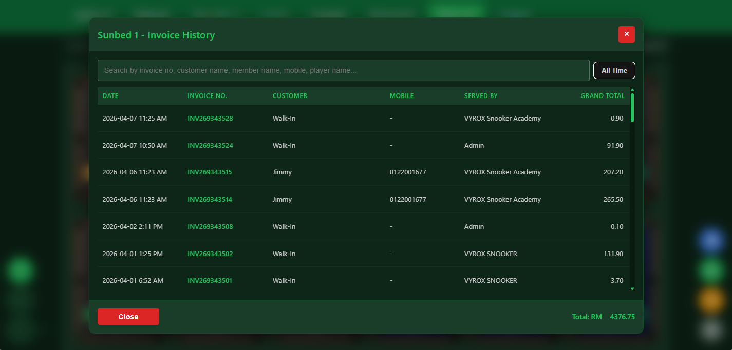 Snooker software invoice history by table view