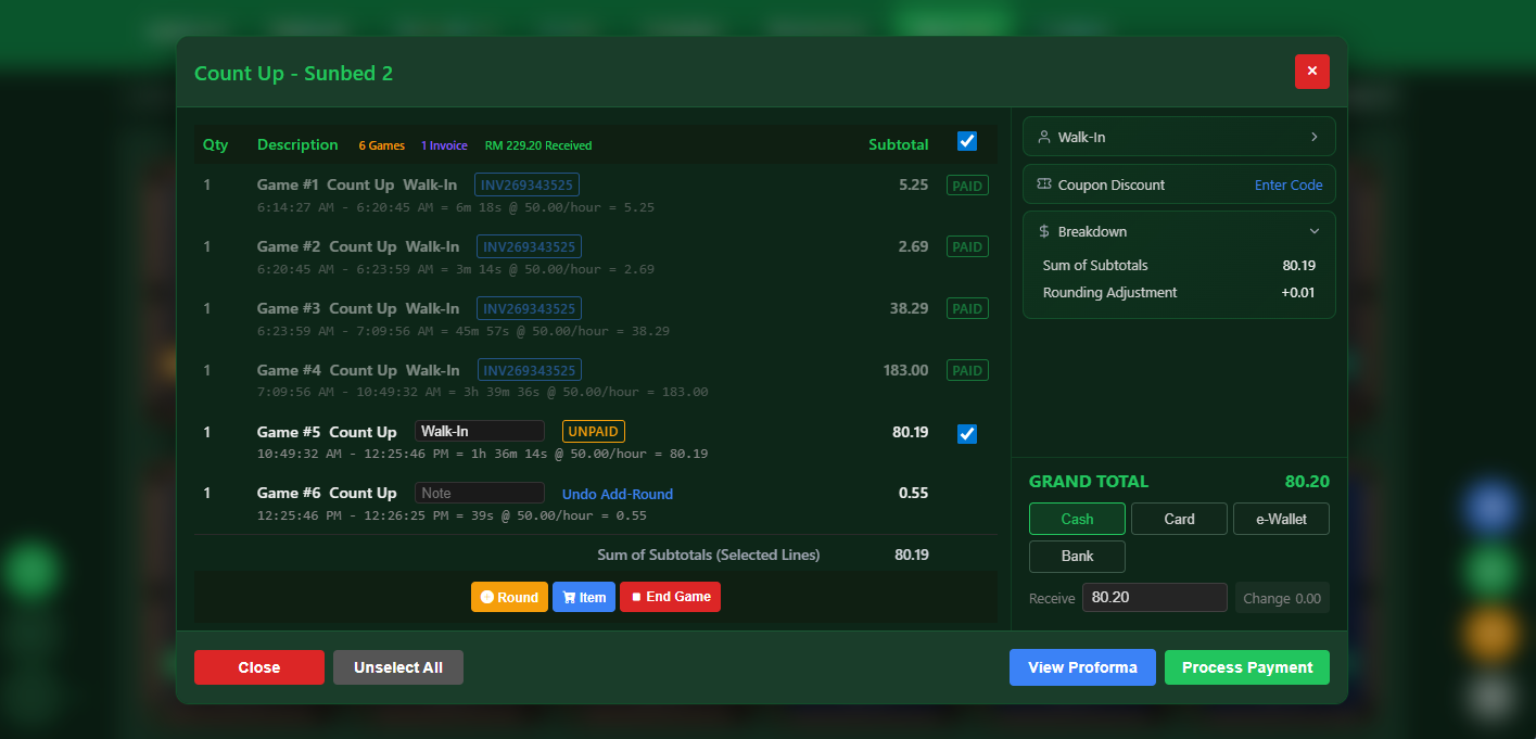 Snooker software split bill group payment feature