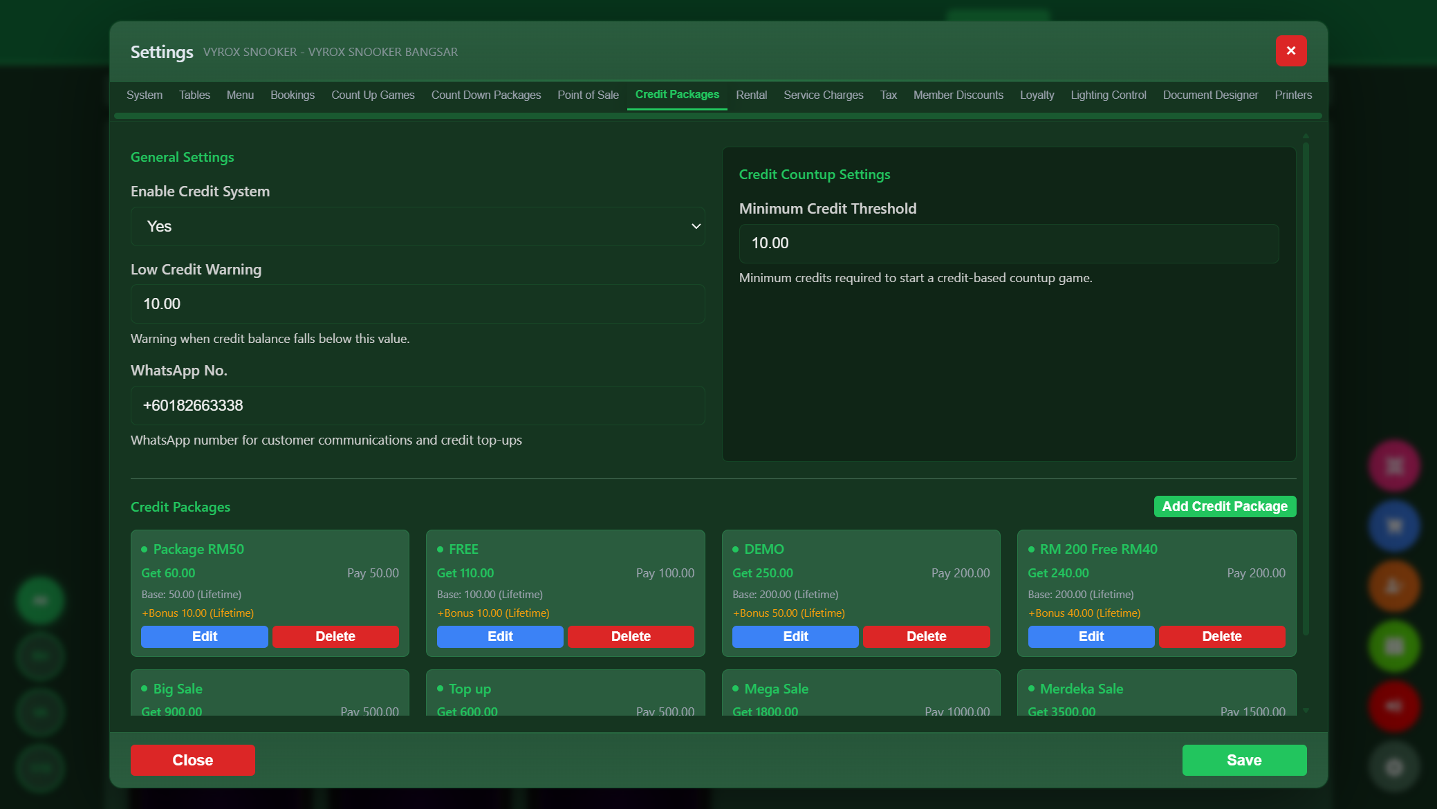 Snooker King wallet top-ups — Big Sale, Mega Sale, Merdeka Sale tiers stretch your credit further