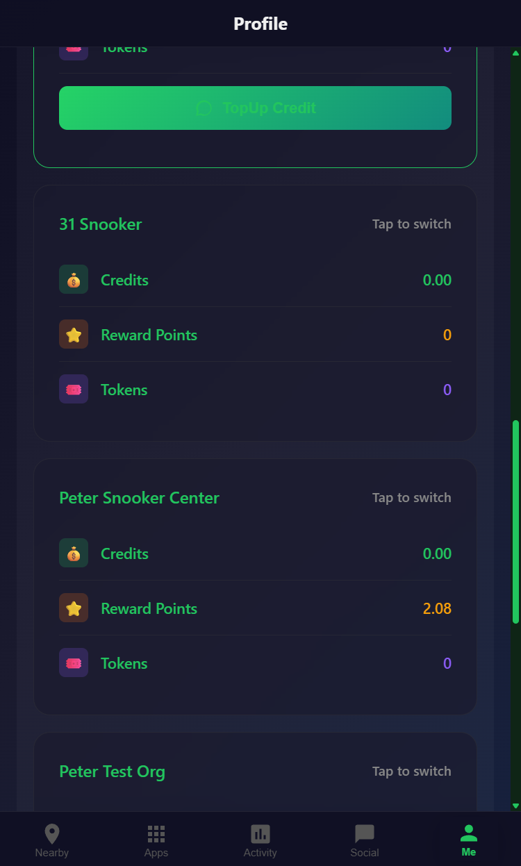 Snooker King members' wallet — one balance, every club, top up once and play anywhere