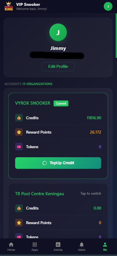 Snooker software digital wallet balance overview