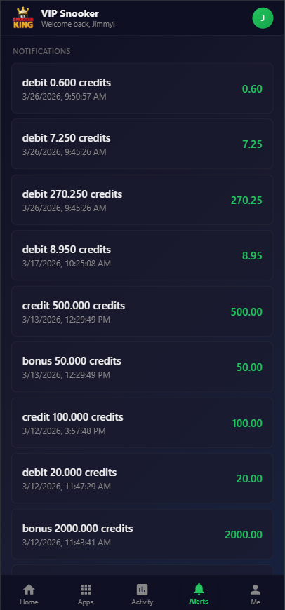 Snooker software wallet transaction records