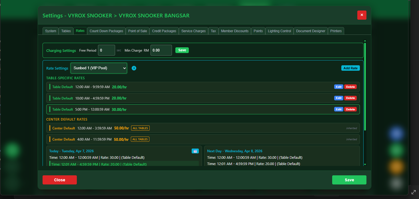 Snooker software dynamic rate configuration by time and day