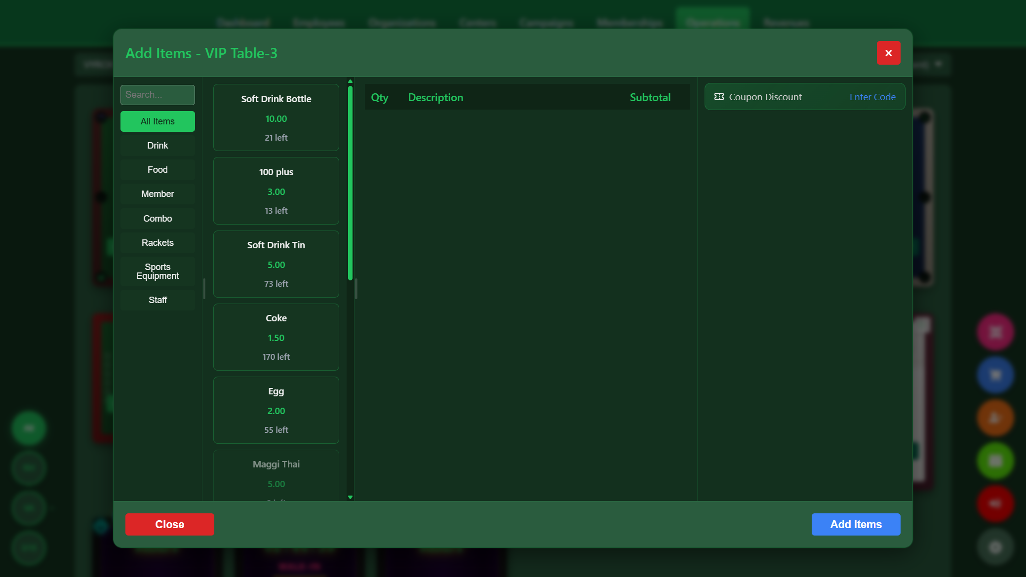 Snooker King lounge menu — drinks, snacks, combos, and rackets brought straight to your table while you play