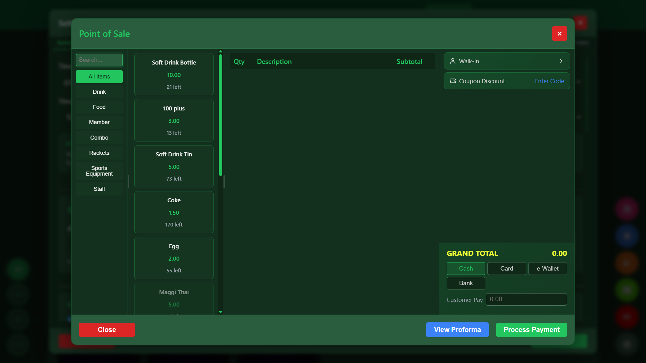Snooker King F&B checkout — order at the table, settle in any payment method including your wallet