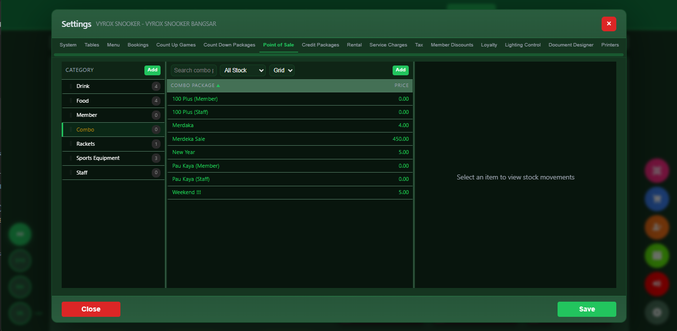 Snooker King member combos — visual menu of game + F&B bundles members can claim instantly