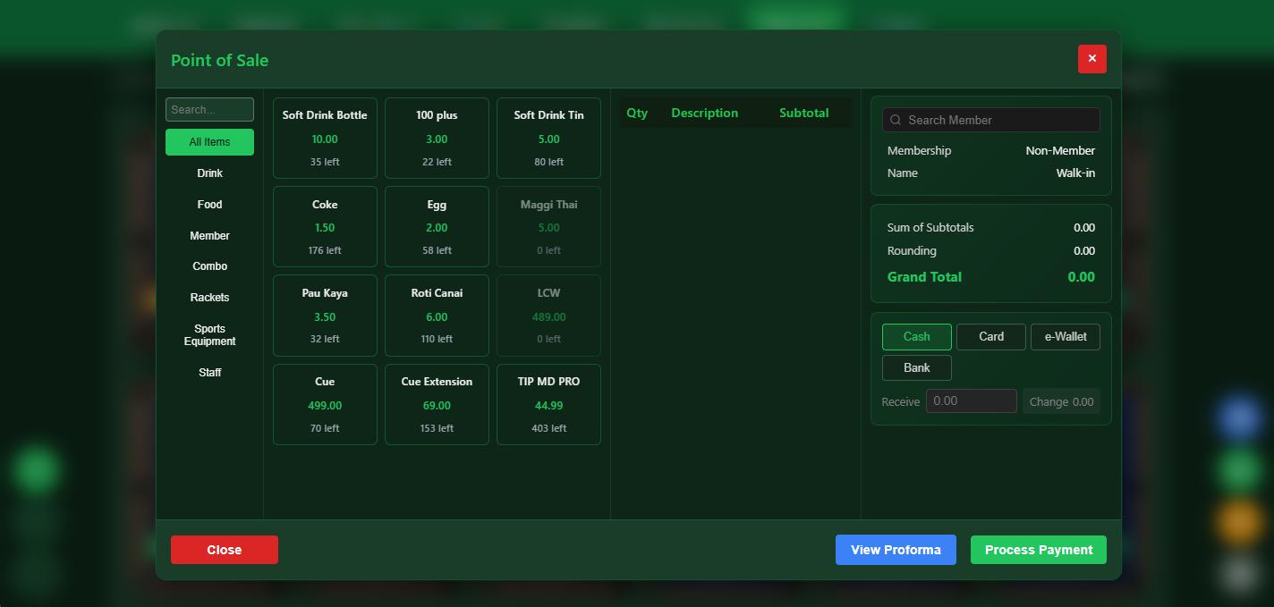 Snooker software food and beverage point of sale