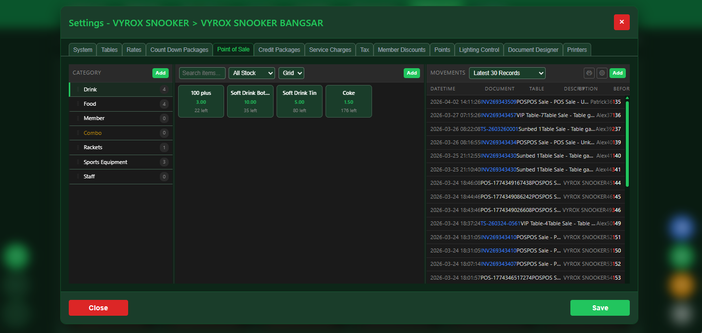 Snooker software F&B POS item and category settings