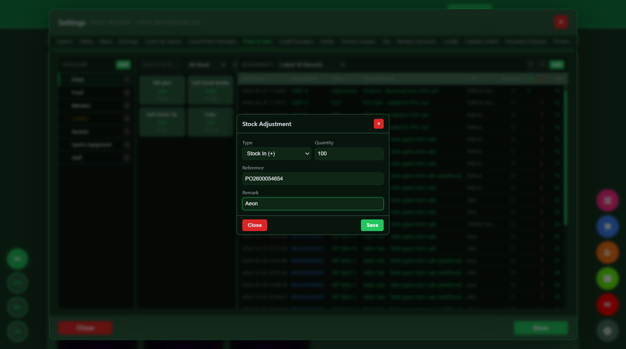 Snooker King stock adjustment view for members lounge bar snack counter and pro shop top-ups