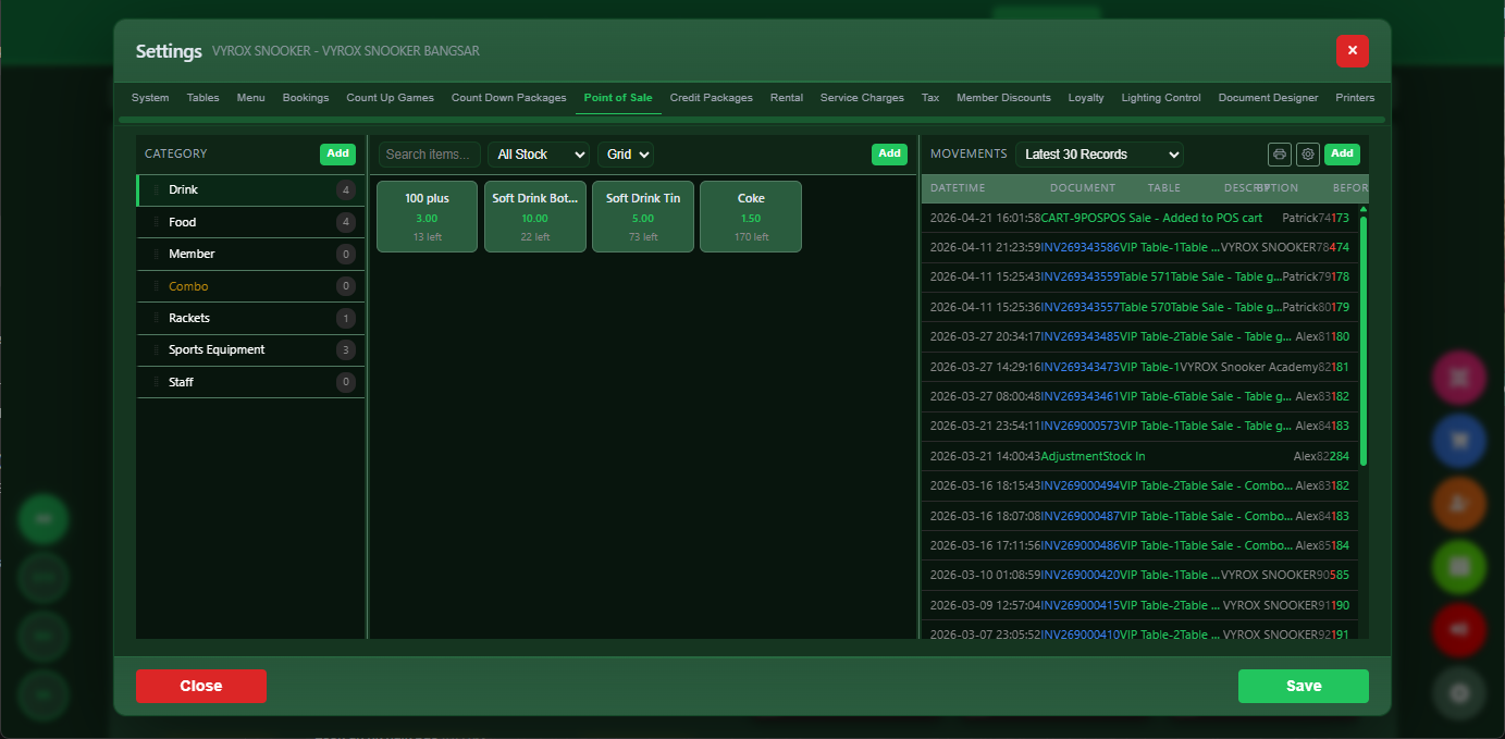 Snooker King supply chain transparency — members see the lounge is professionally stocked and managed