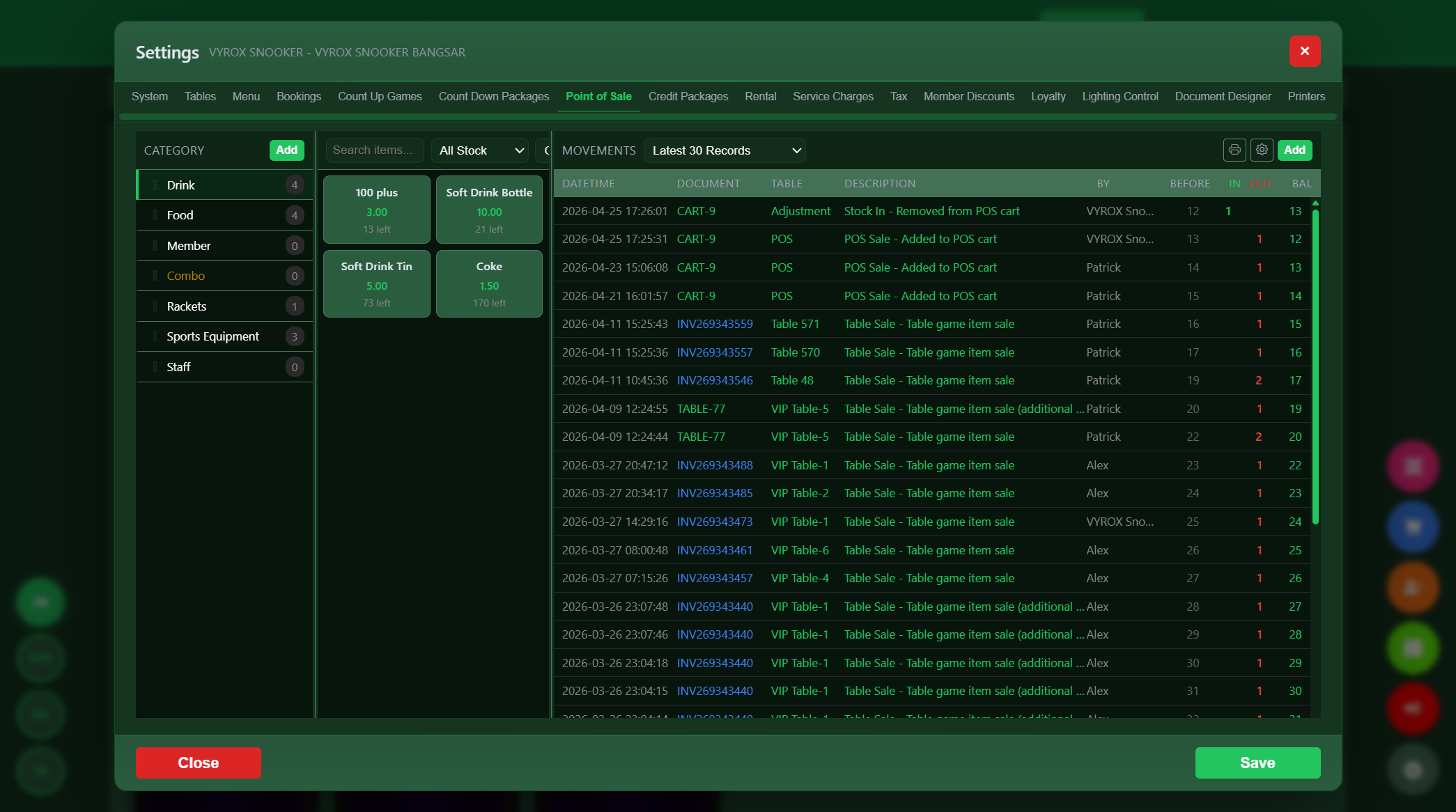 Snooker King lounge inventory and stock view with real-time replenishment for snooker members club bar and pro shop