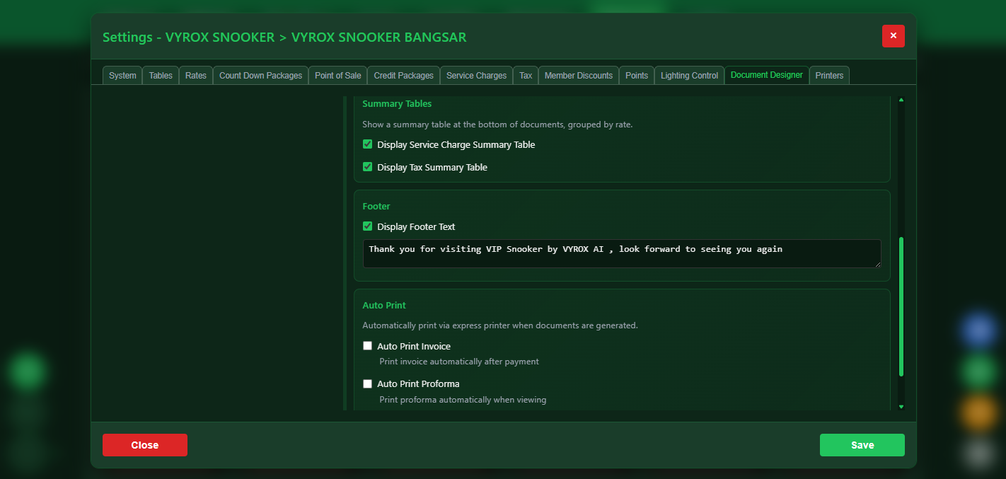 Snooker software auto-print invoice settings