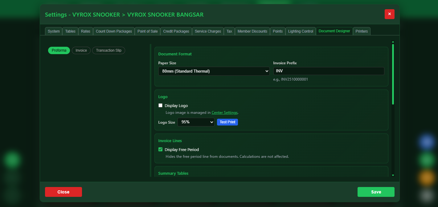 Snooker software document format designer
