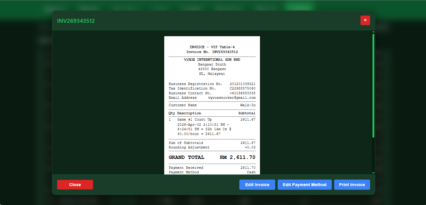 Snooker software invoice receipt preview