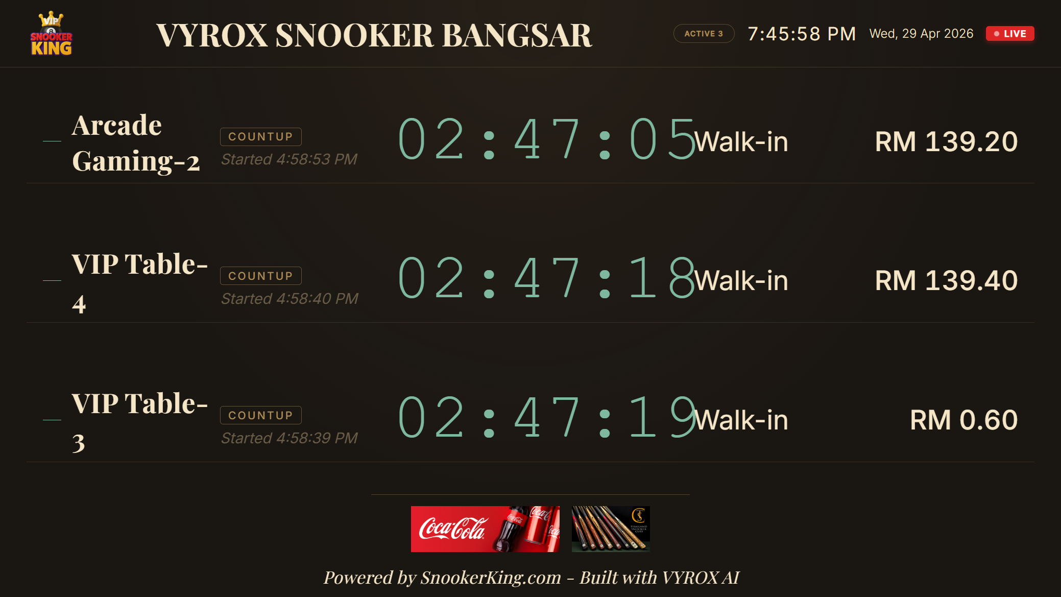 Snooker King lounge TV — members at every table see live timers, friends online and current frame info on the big screen