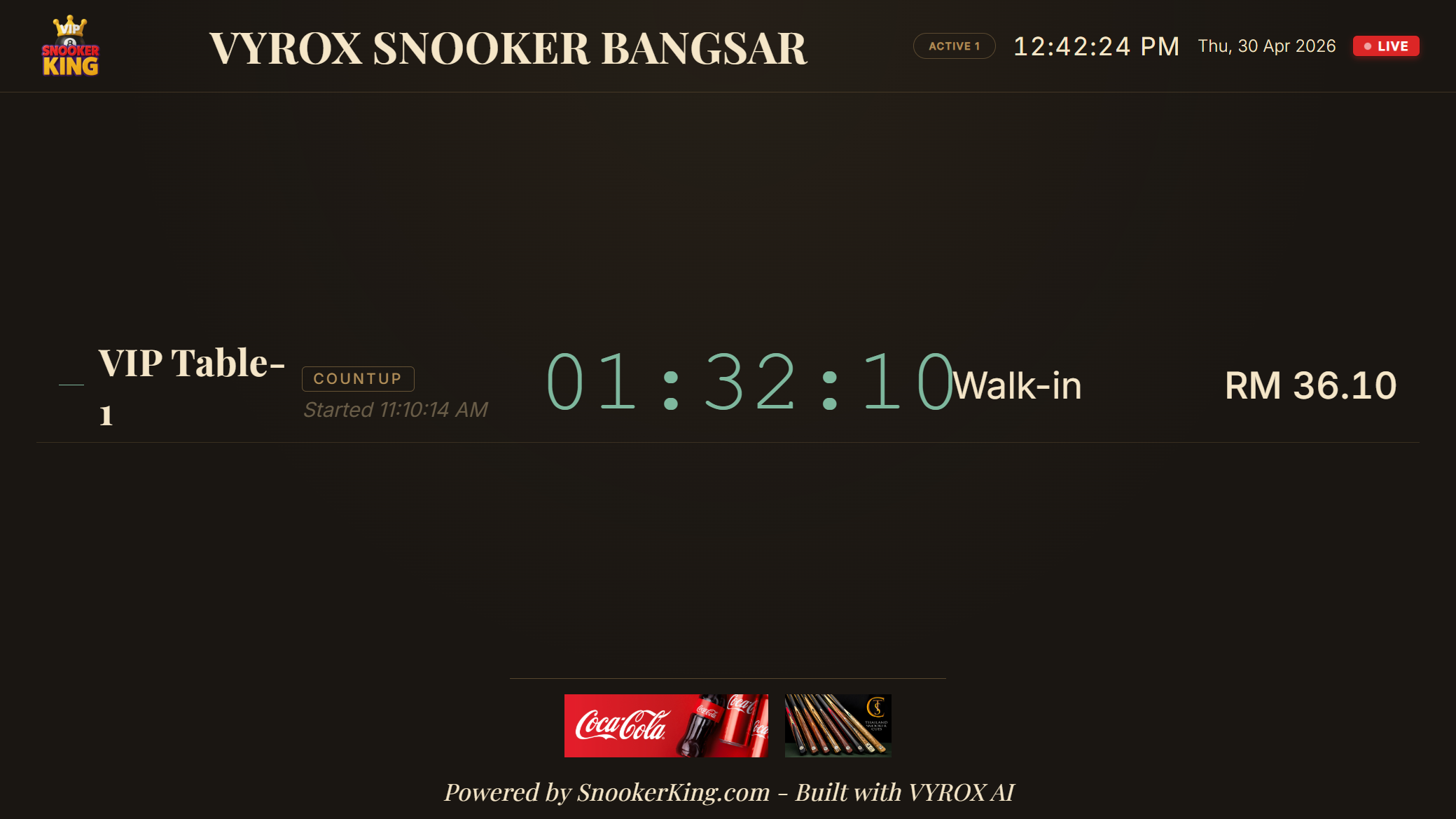 Snooker King lounge TV — see your session timer, your spend running, your friends' tables on the wall display