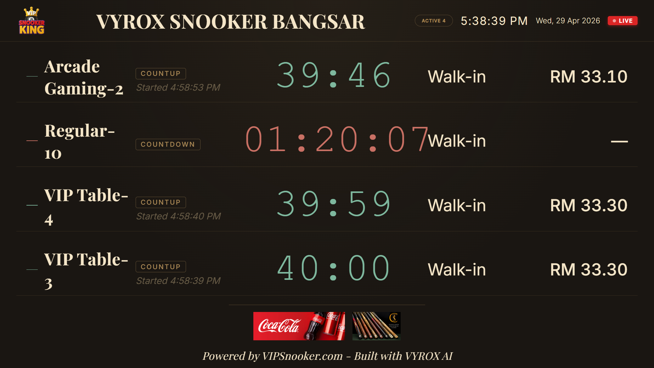 Snooker King lounge TV — members watch their session timer and friends online on the wall display