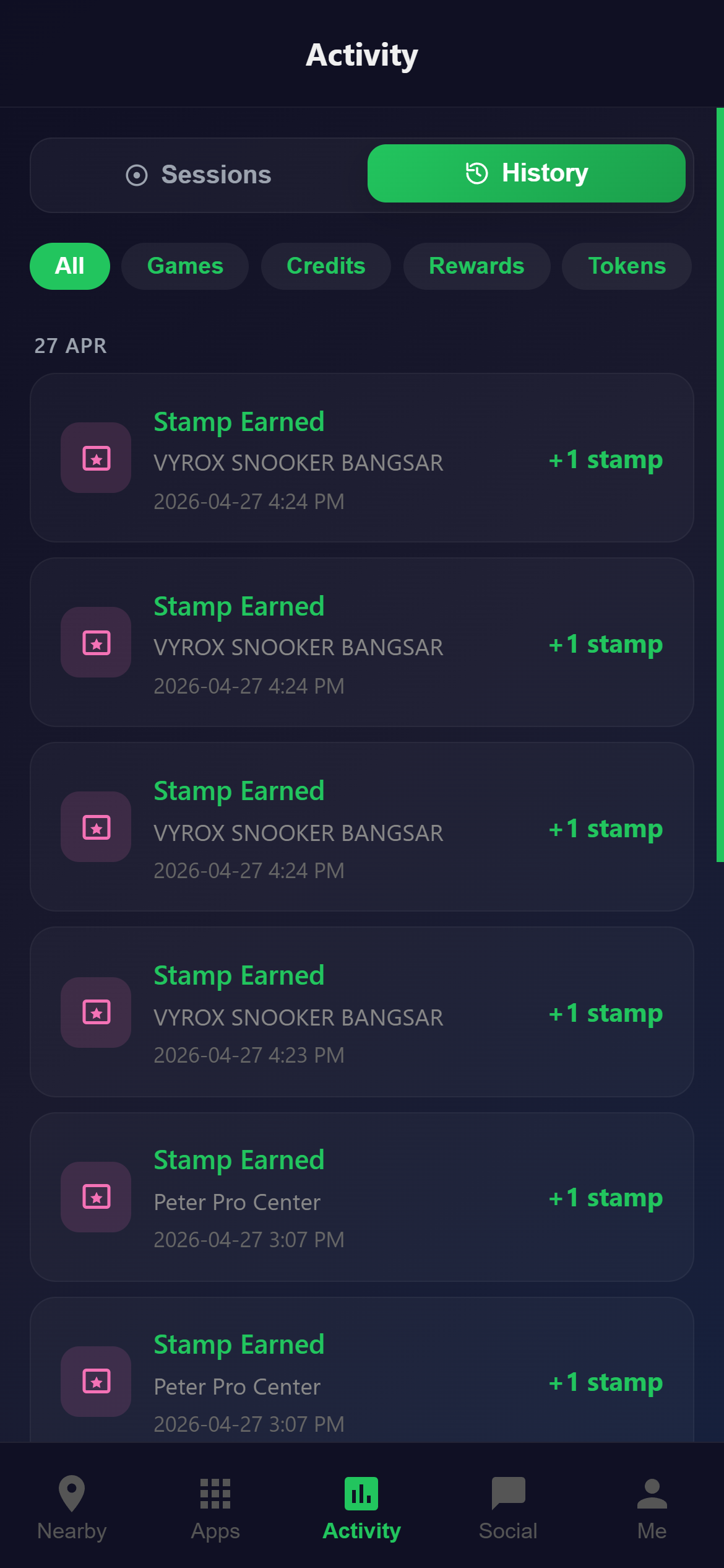 Snooker King activity feed — every stamp earned, every point banked, every paid session in your history