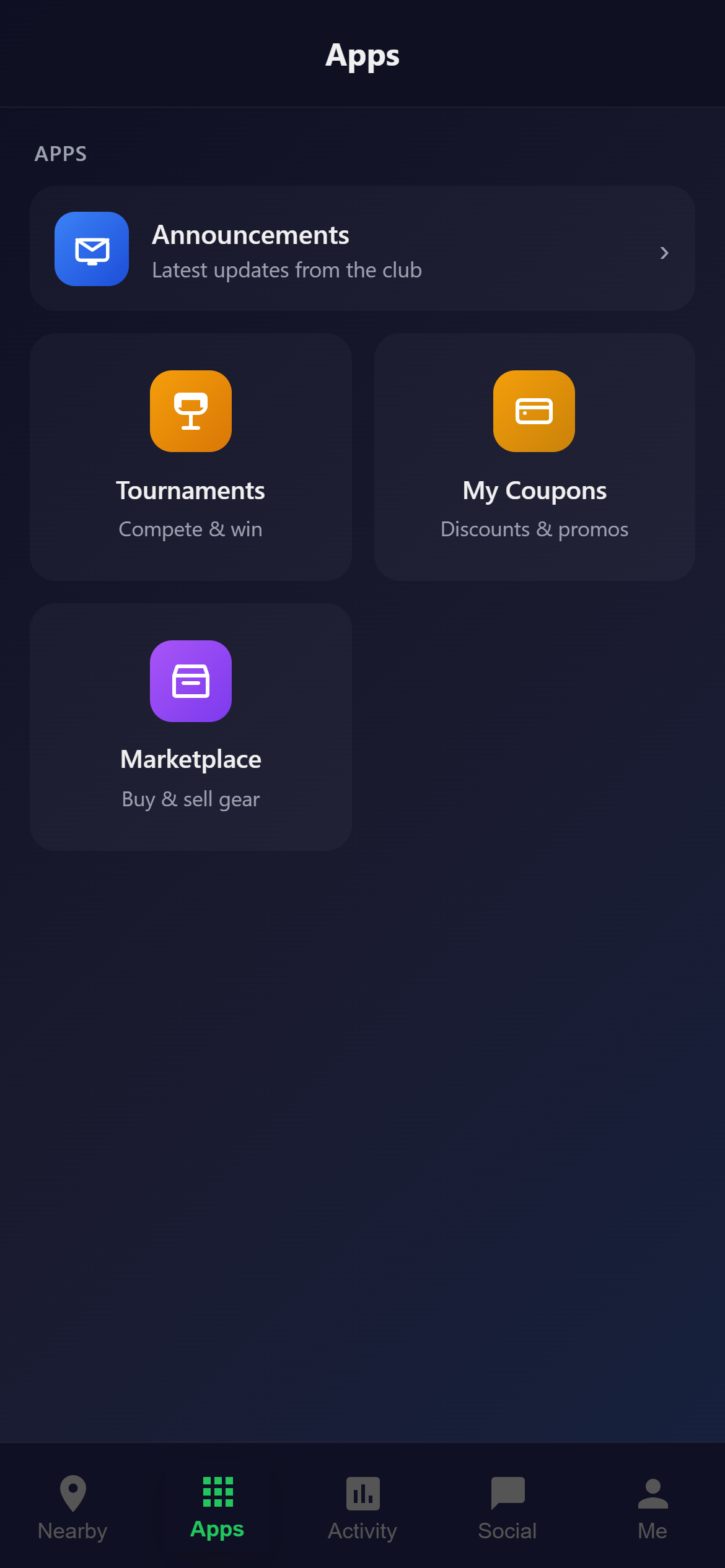 Snooker King apps hub — tournaments, coupons, marketplace, announcements in one tap