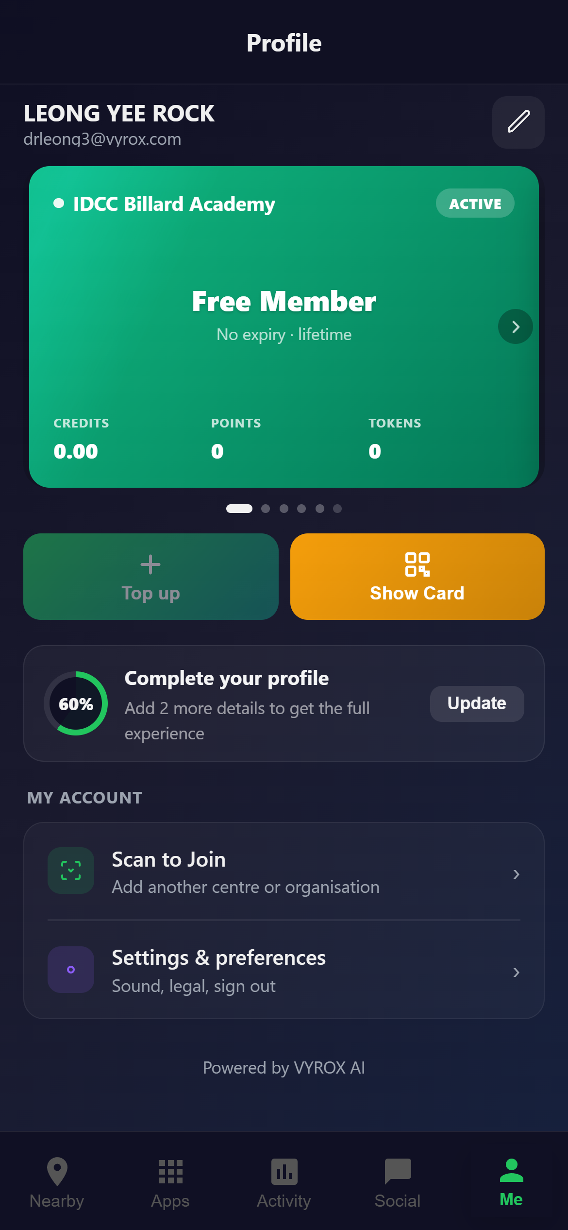 Snooker King member profile — your 5 club memberships, points, credits, tokens all in one place