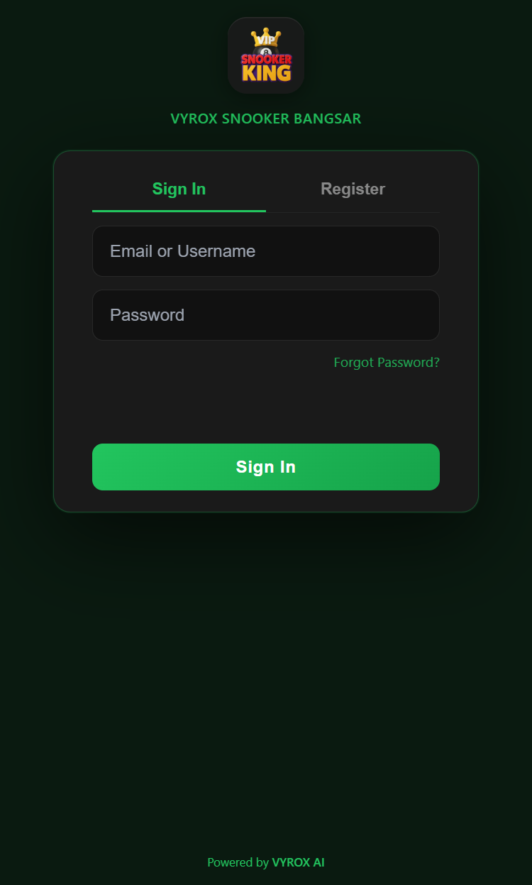 Snooker King members' app — branded sign-in, save your favourite club, scan to play instantly