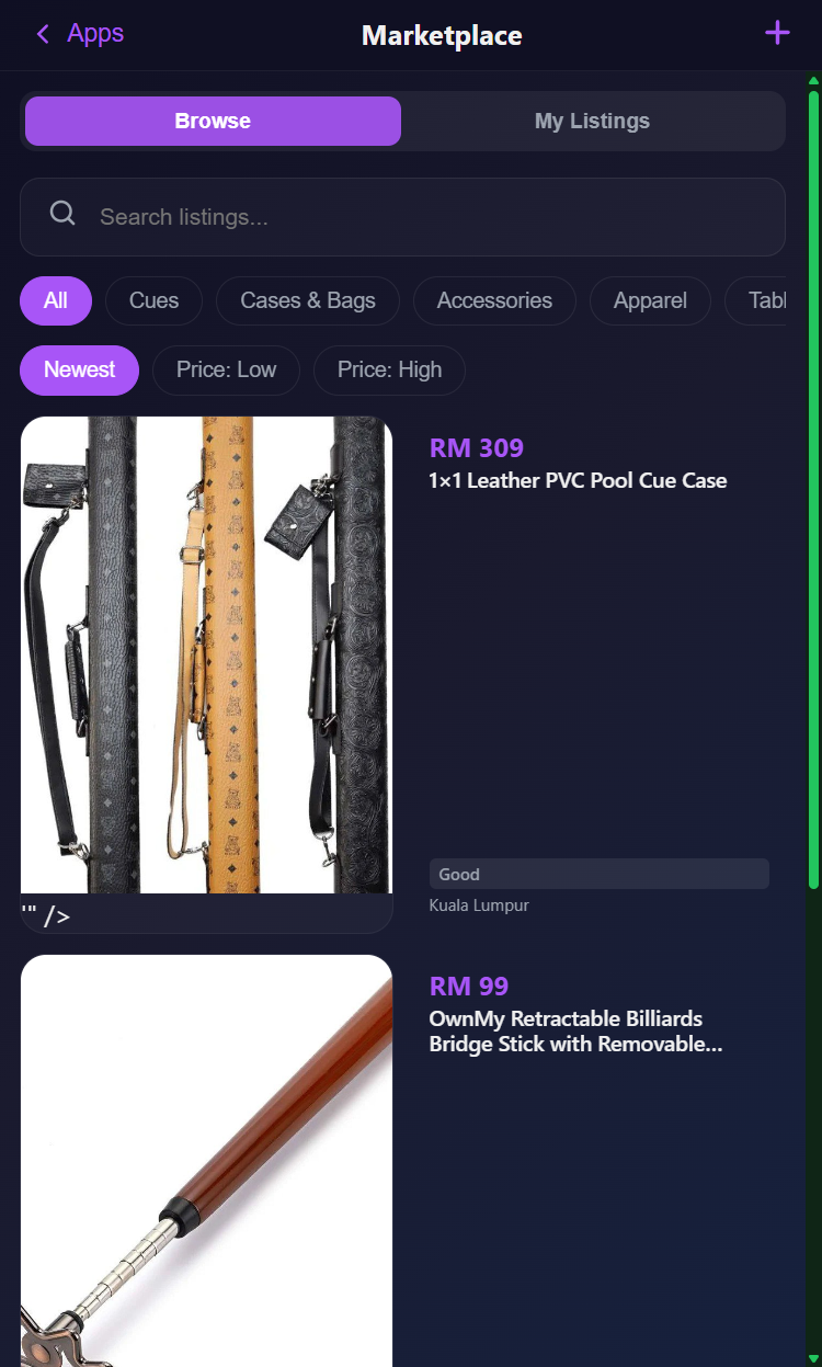 Snooker King members' marketplace — buy and sell cues, gear, and gifts within your club community