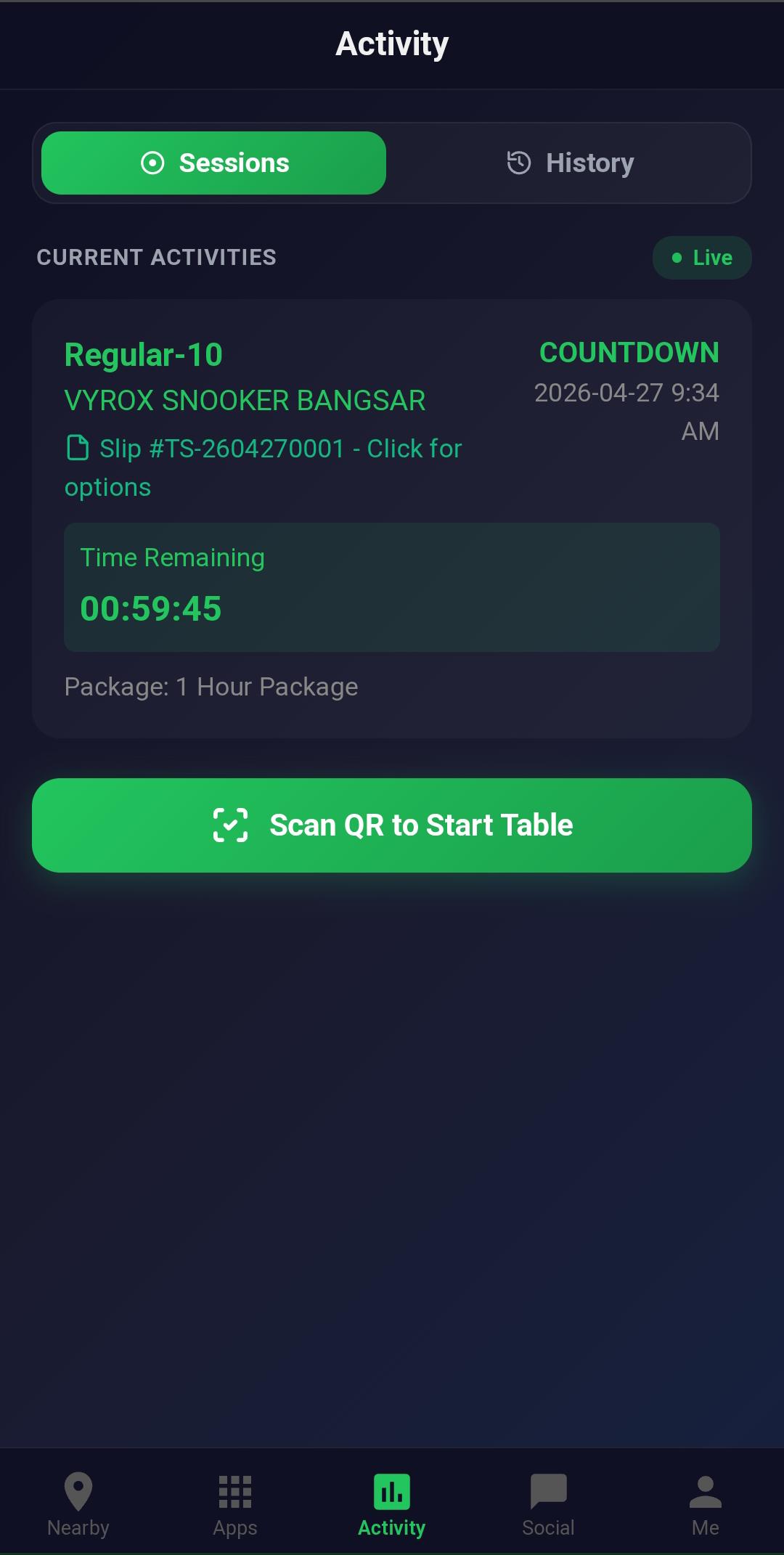 Snooker King activity feed — members relive every game, payment and reward in one scroll