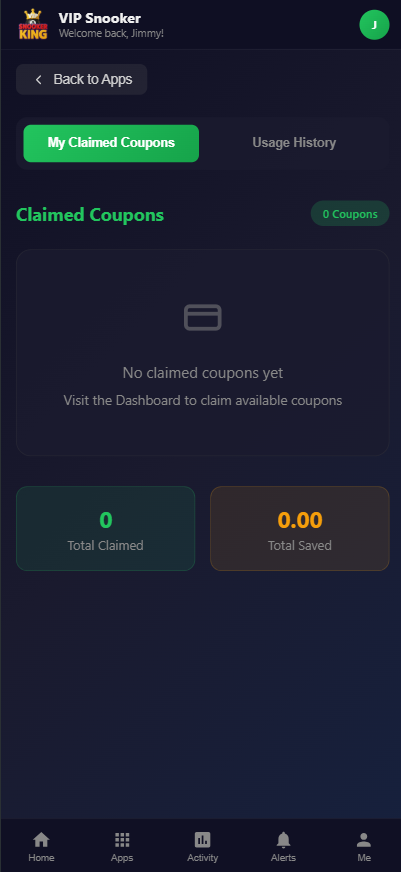 Snooker King exclusive coupons — members claim limited-time offers from the comfort of their phone