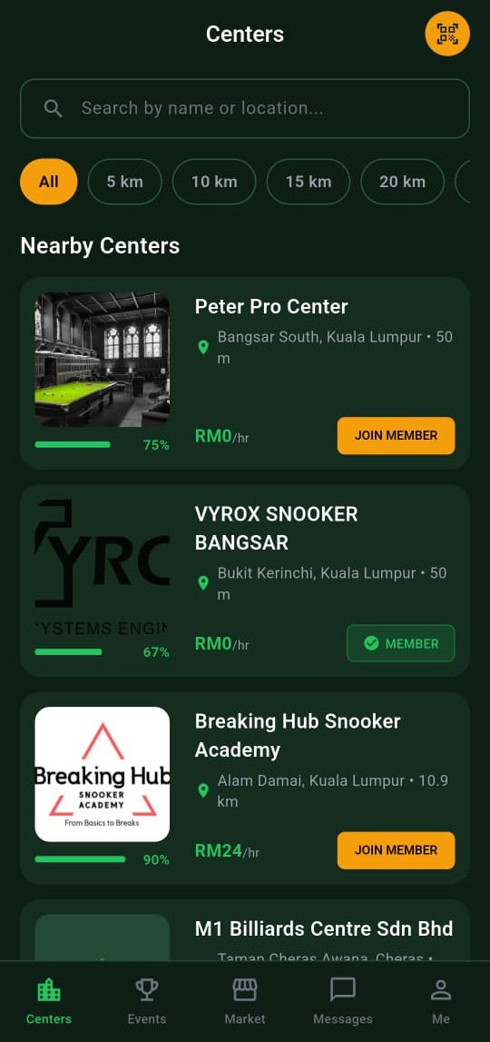 Snooker King nearby centres — members find the closest Snooker King lounge wherever they are