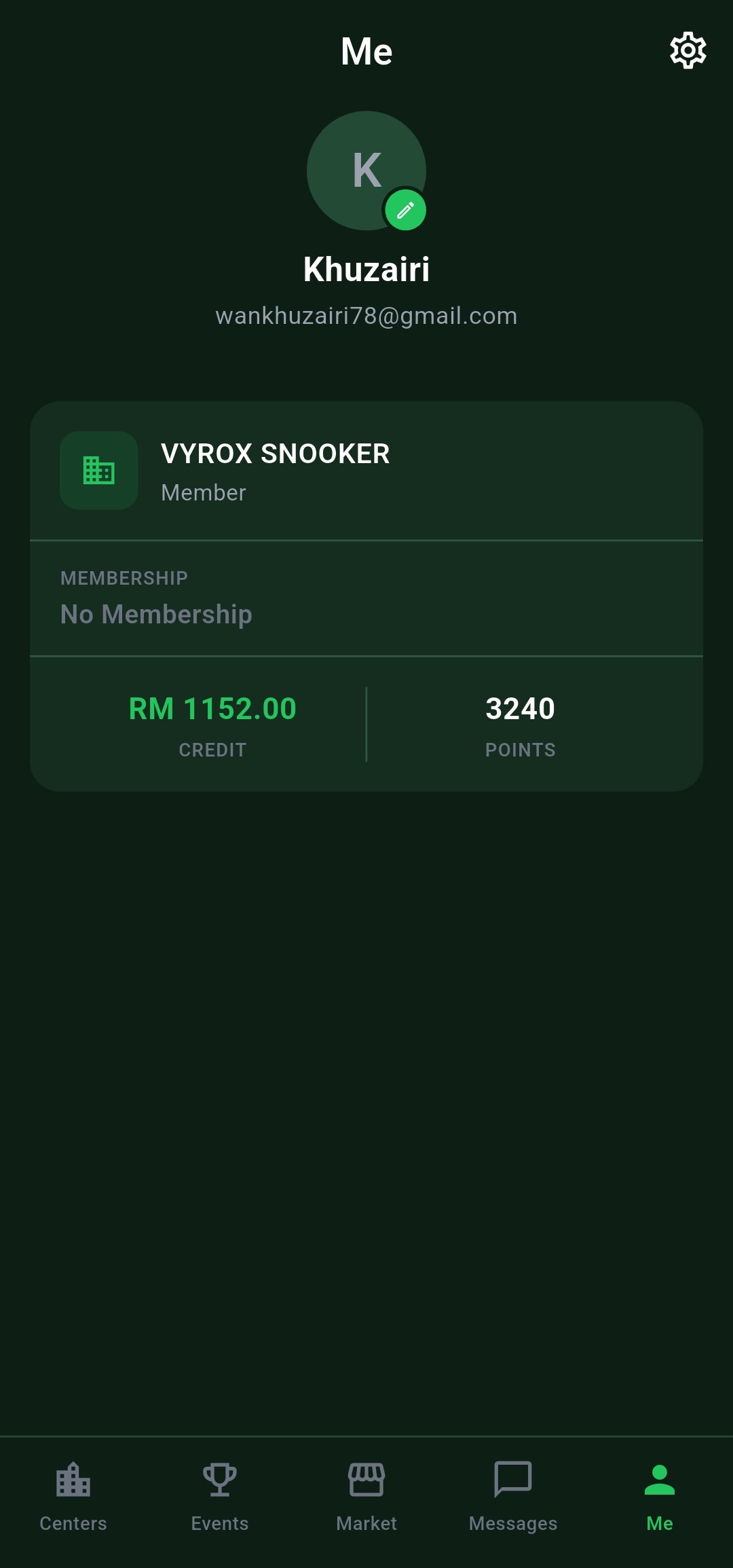 Snooker King personal dashboard — your hours, balance, tier and recent visits all in one members lounge home screen