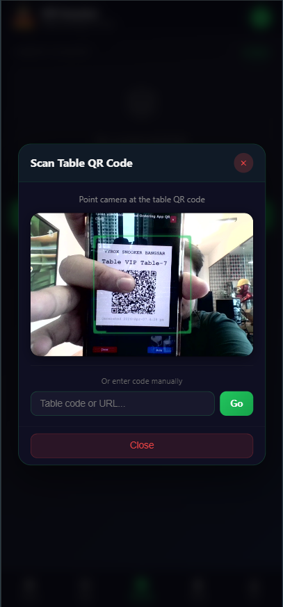 Snooker King scan to start — members open the app, scan the table QR, and the session begins instantly