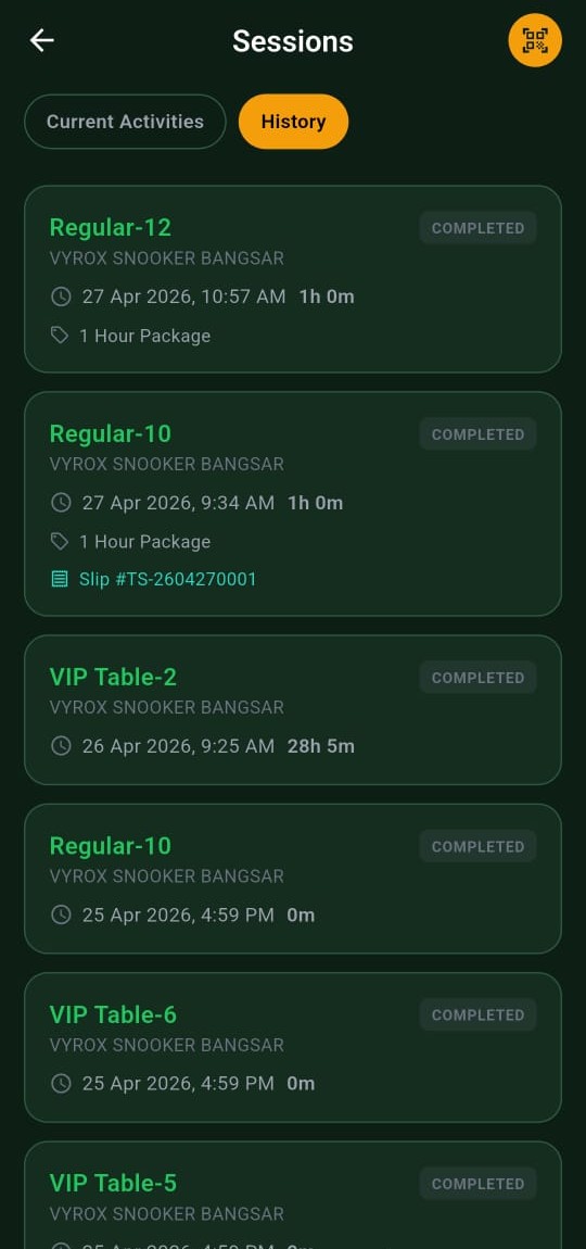 Snooker King session detail — members tap any past session for a full breakdown of time, rate and items