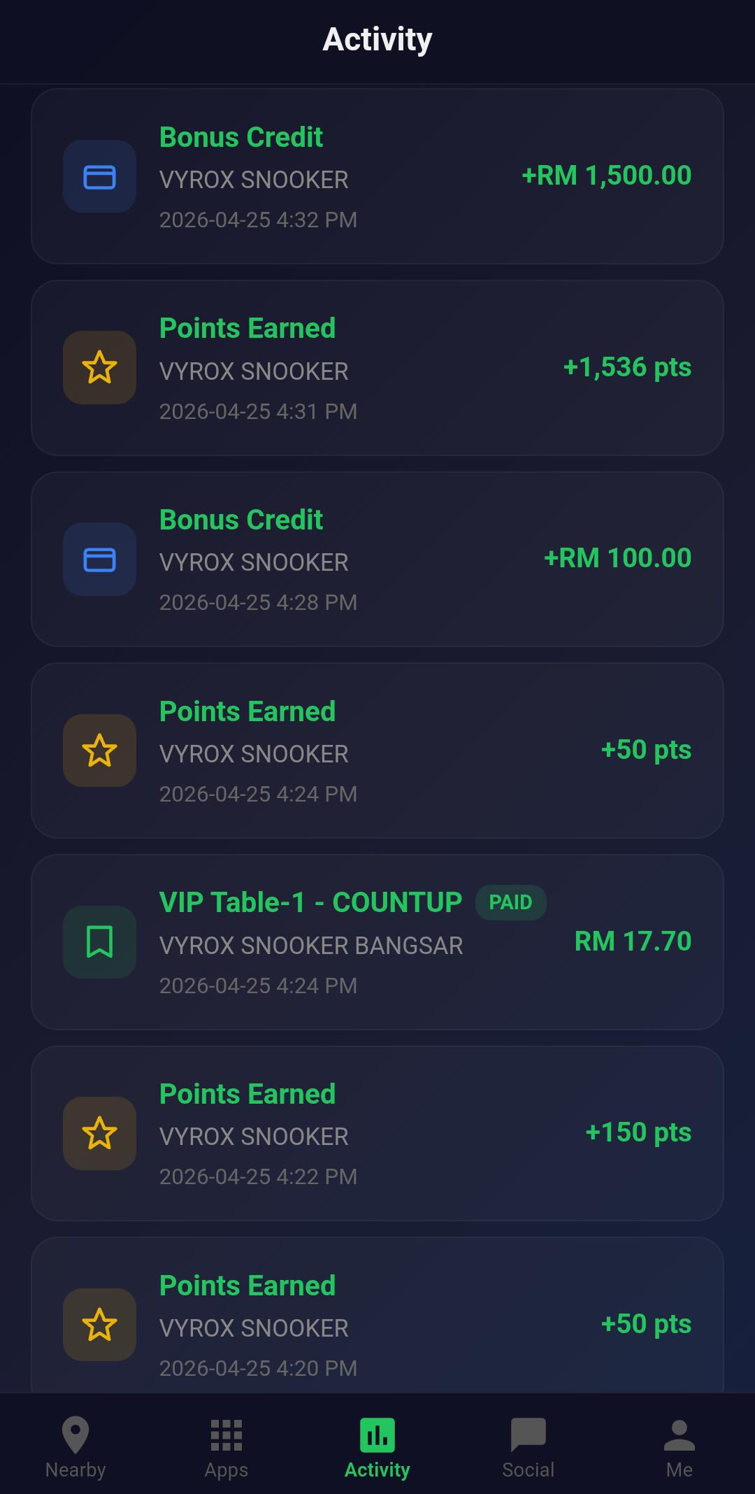 Snooker King session history — members revisit every table session, time played and amount paid