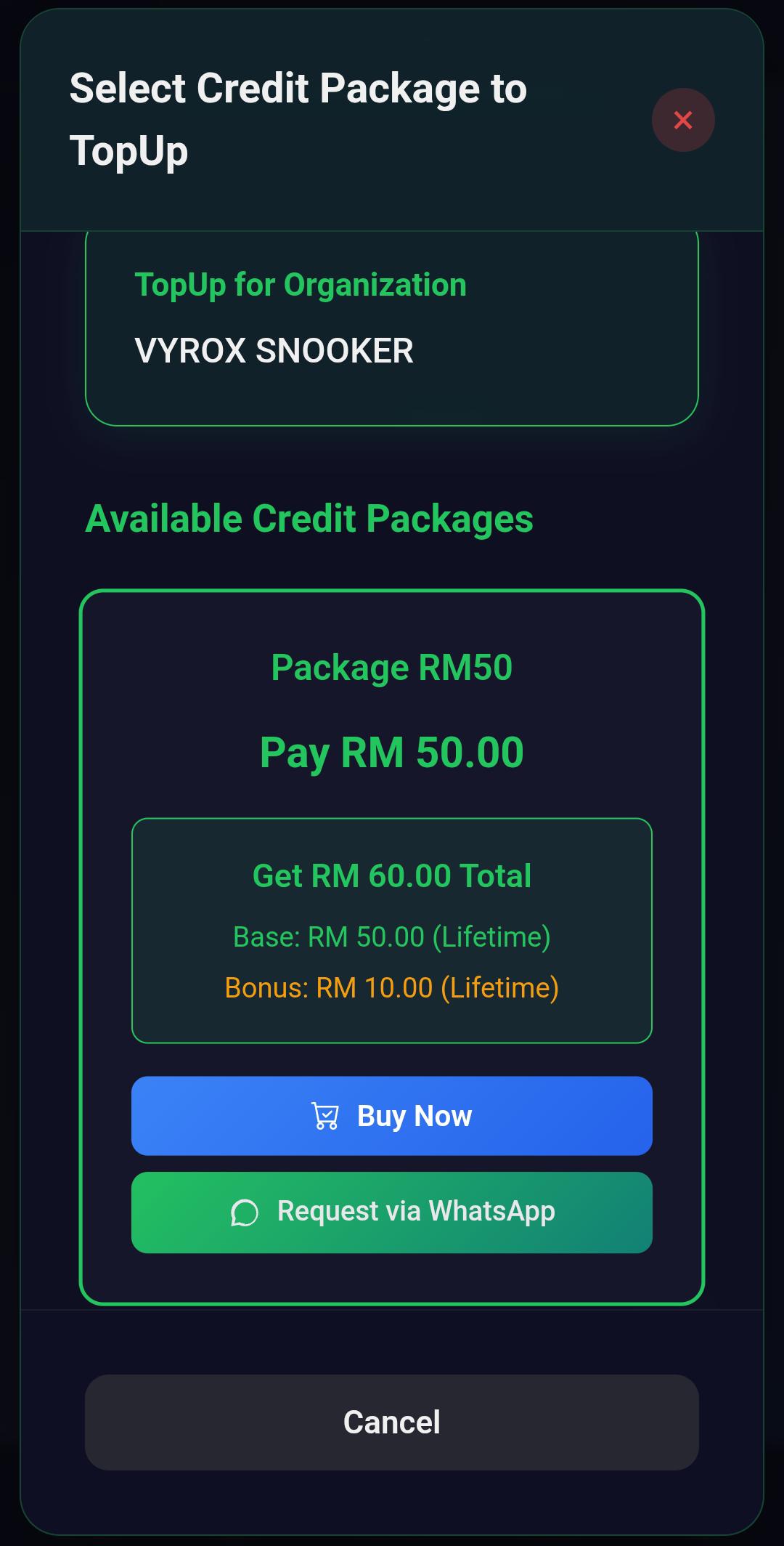 Snooker King quick top-up — members reload credit in three taps and get bonus credit on bigger packages