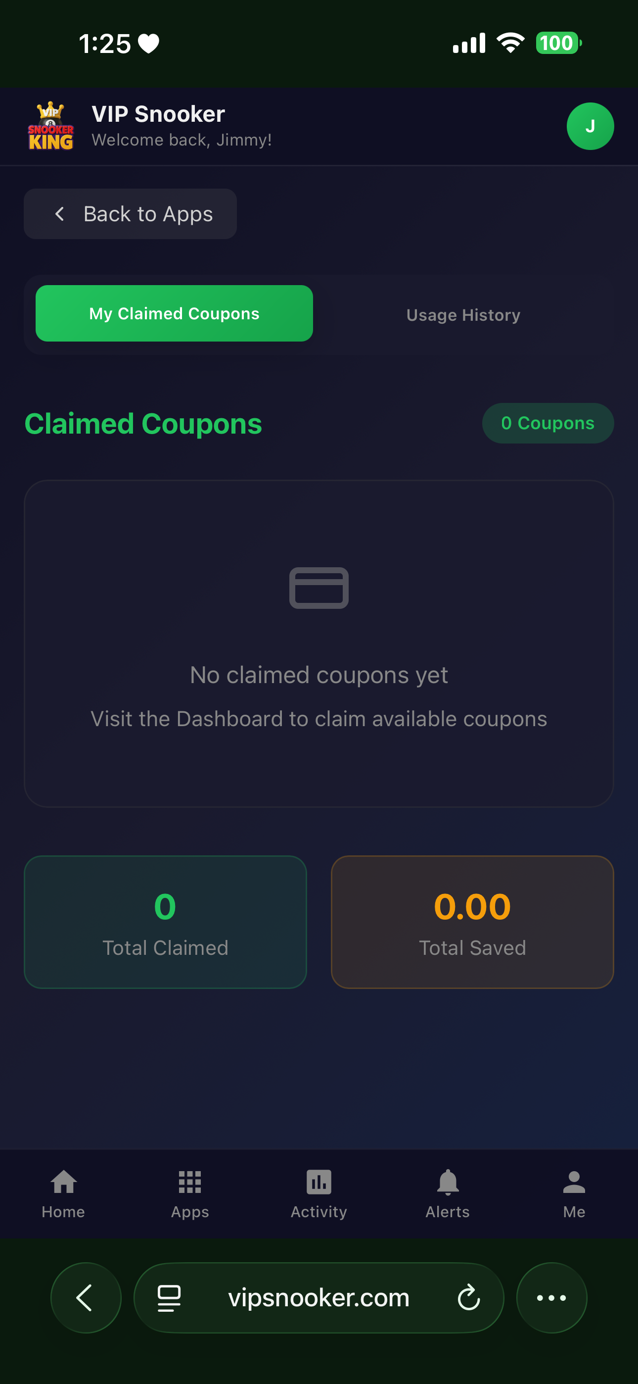 Snooker software member mobile app coupon claiming