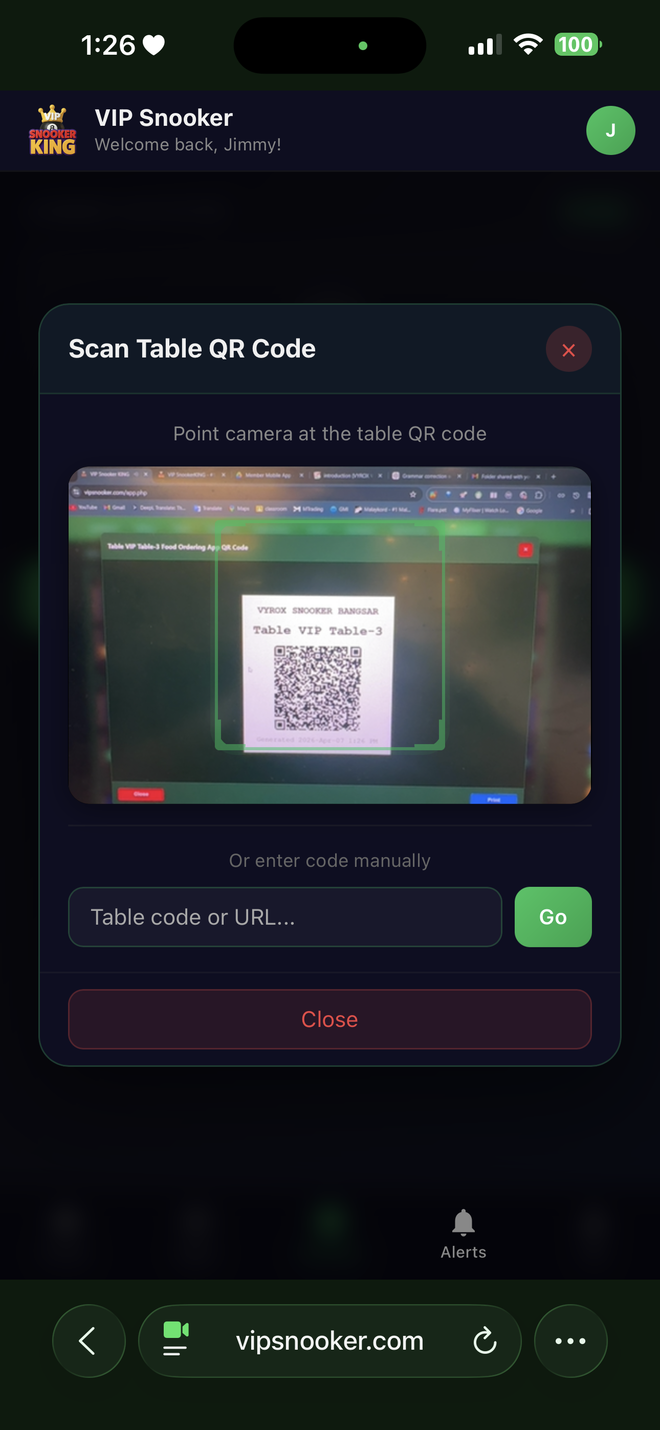 Snooker software member mobile app QR code scanning