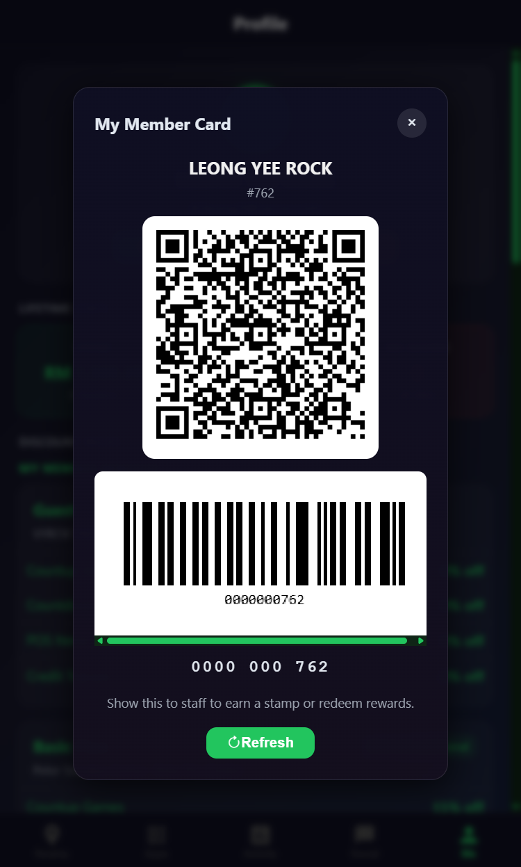 Snooker King member QR card — flash to staff for stamps, points, and instant rewards