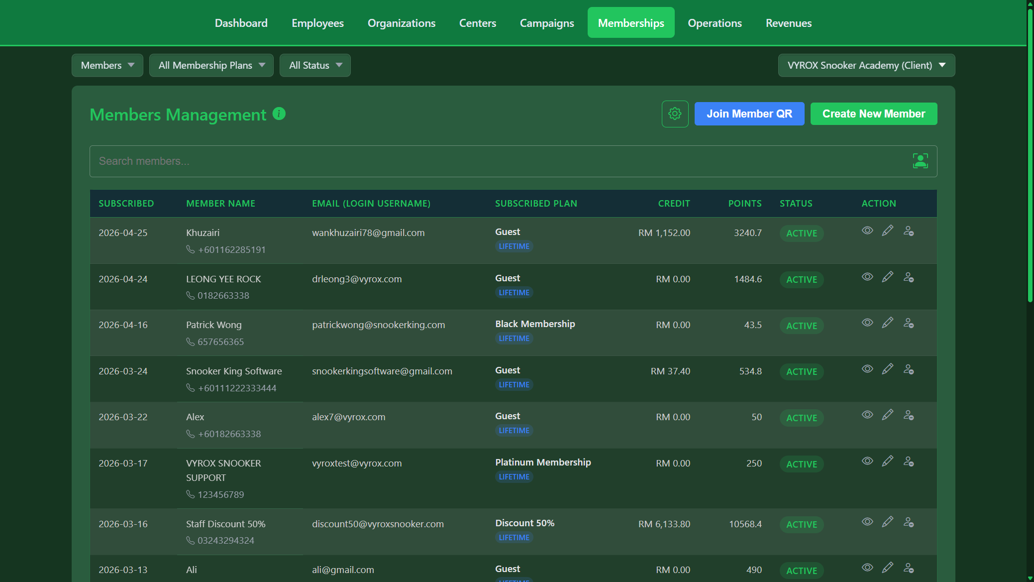 Snooker King members' directory — every regular tracked, every loyalty point honoured