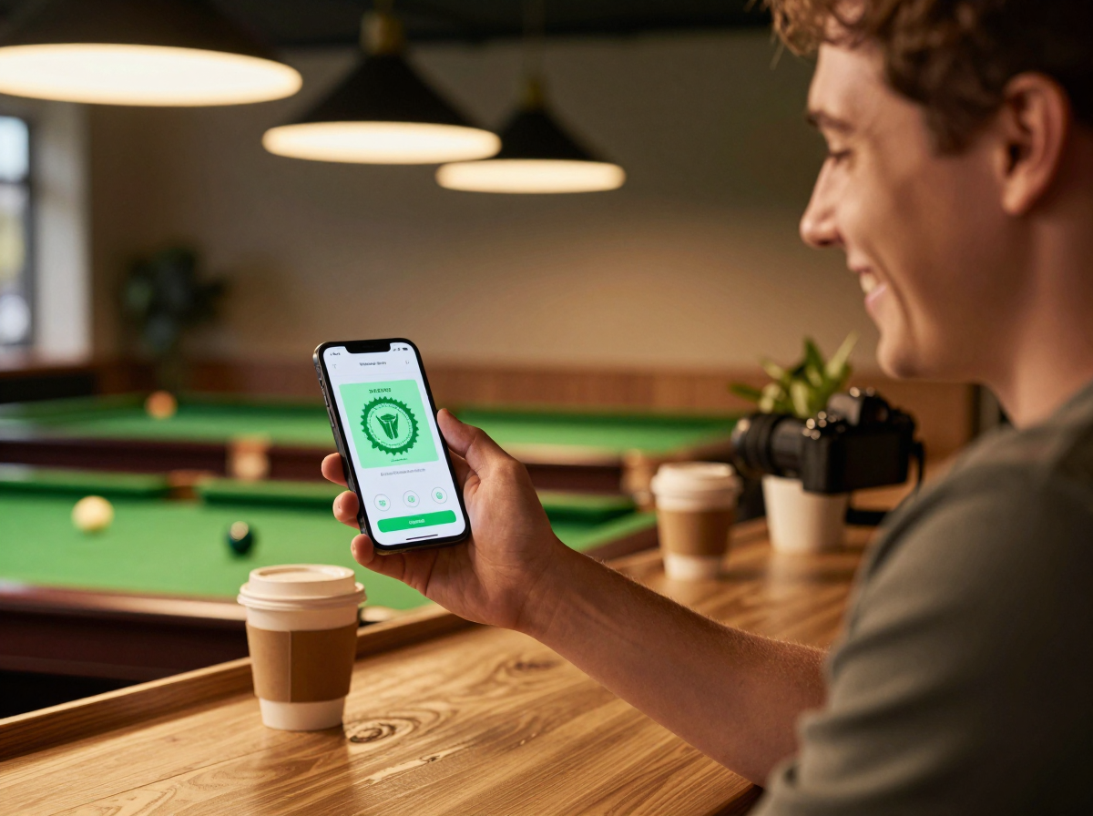 Snooker King member checking their stamp card in the app at the lounge counter — every visit recognised on the spot